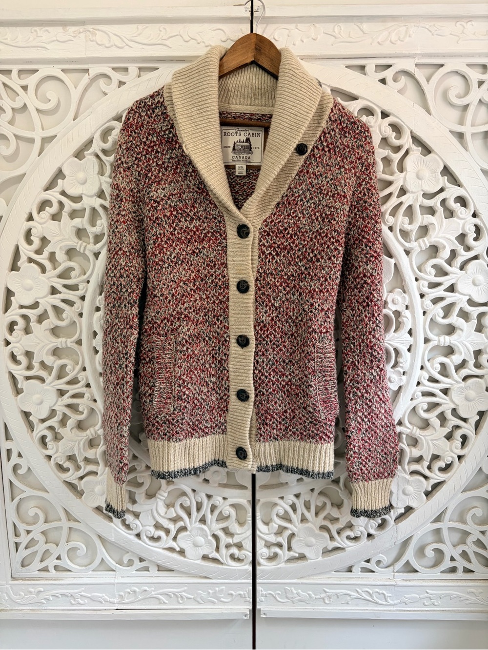 Roots Cabin Wool Blend Chunky Knit Shawl Collar Cardigan Sweater M